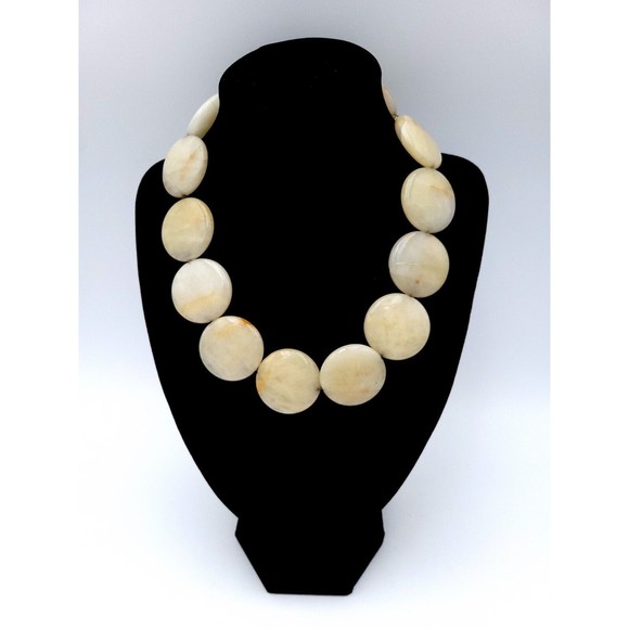 Polished Stone Statement Necklace Large Flat Round Beads Onyx? Unique Handmade - Picture 2 of 10